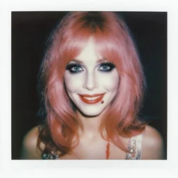 an instant photo of a beautiful but sinister, smiling woman in layers of fear, with haunted eyes and pink hair, 1 9 7 0 s, seventies, delicate embellishments, a little blood, crimson, painterly, offset printing technique, mary jane ansell