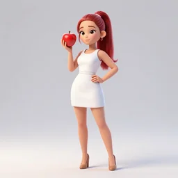 full body 3d render of Ariana Grande holding a Red Apple with red hair and a red dress funko pop, Chibi, studio lighting, white background, blender, trending on artstation, 8k, highly detailed