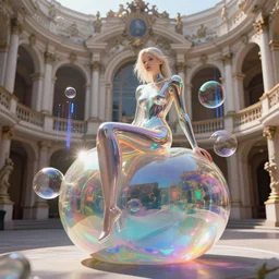 a beautiful ex machina girl sitting on an unfinished klein bottle sculptural, chroma iridescence, colors, glassy, reflective and refractive, soap bubbles floating, sitting on baroque theatre architecture background, morning light, data streaming