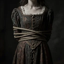 dark schizophrenia portrait, death not dresses body woman in medieval dress, strangled with rope, not face, victorian style, high detail