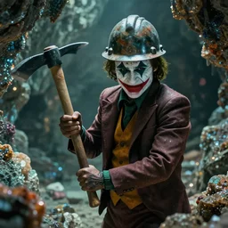 cinematic shot of the joker wearing a miner helmet and holding a pickaxe in a cave full of shiny bright minerals, 8 k, very detailed, very intricate,