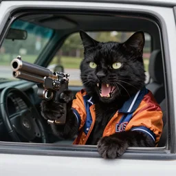 high quality photograph of a black furred cat holding a pistol and wearing 9 0 s hip - hop clothes threatening you at the window of your car, you fear for your life as the cat with a pistol is about to shoot you as it screams frantic meows at you