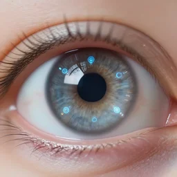 macro close-up of a (iris of the human eye), with futuristic cybernetic AR implants, high reflection, alert, crisp, detailed, 8K, 4K