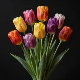 multiple colorful beautiful tulip flowers from single stem, volumetric dramatic light, dark black background, sharp focus, highly realistic, octane render, art by greg rutsowski