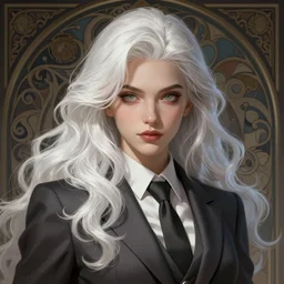 confident demon girl with long wavy white hair, wearing a suit and tie, deep focus, d & d, fantasy, intricate, elegant, highly detailed, digital painting, artstation, concept art, matte, sharp focus, illustration, hearthstone, art by artgerm and greg rutkowski and alphonse mucha