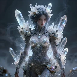 a beautiful girl from whose body mineral crystals grow, biopunk, in full growth, magical crystals, smoky crystals, translucent crystals, luminous sparkling crystals, many details, 3 d, cinematic, hyper realism, high detail, octane render