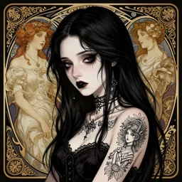 a vector illustration of a sad goth girl with tattoo, intricate, elegant, highly detailed, digital painting, artstation, smooth, sharp focus, vector illustration, art by artgerm and greg rutkowski and alphonse mucha and william - adolphe bouguereau