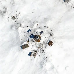 sattelite image of post pocaliptic snow antarctica from 250 meters height, only snow, old lumber mill remains, few boozes with wood and supply