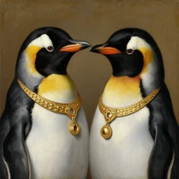 portrait of two penguins, gold jewelry, oil painting by jan van eyck, northern renaissance art, oil on canvas, wet - on - wet technique, realistic, expressive emotions, intricate textures, illusionistic detail,