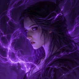female wizard with surrounded by trails of purple sparkling light, nge, dark fantasy, three quarter profile face closeup, intricate, highly detailed, digital painting, volumetric light, artstation, concept art, smooth, sharp focus, illustration, art by gil elvgren and greg rutkowski and luis royo, and alphonse mucha