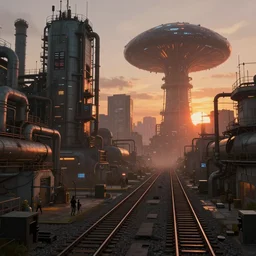 cyberpunk industrial site. cyberpunk factories. cyberpunk city backdrop. sunset. rail tracks. cyberpunk industrial area. giant atomic bomb mushroom in background. clouddigital render. digital painting. beeple. noah bradley. cyril roland. ross tran. trending on artstation