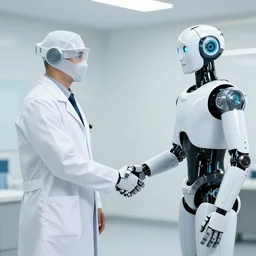 doctor shaking hands with a robot, the robot is wearing a doctor's coat