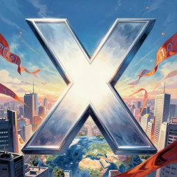 an epic comic book style painting of the uppercase letter x towering over the world, the letter x, giant font, massive lettering, future tokyo cityscape with ribbons, banners and ribbons, cursive ribbons across the sky, trending on artstation, dynamic lighting