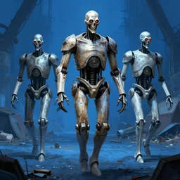 horror art, muscular skeleton armored droids walking around, blue junkyard in the background, art by ismail inceoglu