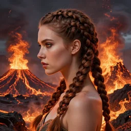woman with braided brown hair, highly detailed, intricate, in the style of ilya kuvshinov and wlop, blazing infero, volcano landscape