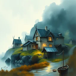 paint brush strokes, abstract watercolor painting of rustic village, jettying, viking age, fog, ambient lighting, art by hans dahl, by jesper ejsing, art by anders zorn, wonderful masterpiece by greg rutkowski, cinematic light, american romanticism by greg manchess, creation by tyler edlin