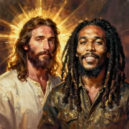 a portrait of jesus and bob marley
