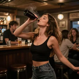 a slender woman dinking and dancing in a pub