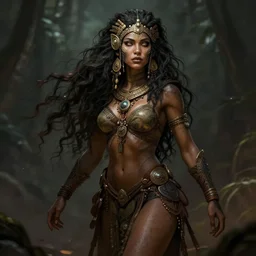 an concept art of the amazonian queen, seductive hair, one eye, intricate details, detailed face, detailed clothes, full - body, artstation, epic pose, ambient light, by rembrandt