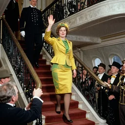 a vintage historical fantasy 1 9 3 0 s kodachrome slide german and eastern european mix of the queen of winter and rain is pictured attending a royal tour. she is shown descending a staircase from a luxurious plane, waving to the crowd below. she is donning a pencil skirt and peplum jacket in a yellow and green skirt suit.