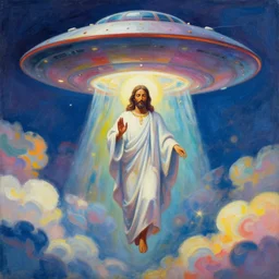 UFO hovering over an African Jesus , clouds, colorful, painting by Hsiao-Ron Cheng,