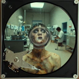 photograph found from a lost hard drive that show horrifying images of a human experimental lab, extremely grainy, eerie, analog horror, realistic
