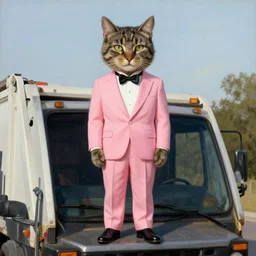 fuzzy furry ears Portrait of Man camouflaged as Tabby Cat whilst wearing a pink tuxedo Standing atop a Garbage Truck Eric Ravilious Edward Hopper Newell Convers Wyeth Andrew Wyeth Jamie Wyeth
