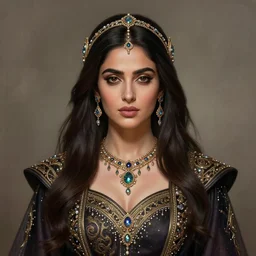 head-on symmetrical centered painted portrait, Mahira Khan as a D&D wizard, bejeweled robes, fantasy, intricate, elegant, highly detailed, digital painting, smooth, sharp focus, illustration, artstation, in the style of Artgerm and Anna Podedworna and Alex Ross