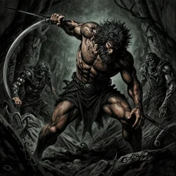 David slaying Goliath painting, dark colors, sinister atmosphere, dramatic lighting, cinematic, establishing shot, extremely high detail, photo realistic, cinematic lighting, pen and ink, intricate line drawings, by Yoshitaka Amano, Ruan Jia, Kentaro Miura, Artgerm, post processed, concept art, artstation, matte painting, style by eddie mendoza, raphael lacoste, alex ross,