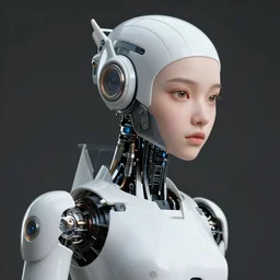 beautiful Fine art photography of a solarpunk part robot part human girl with real human face and shoulders, white background, highly detailed, medium shot, photorealism, sunset lighting 8k