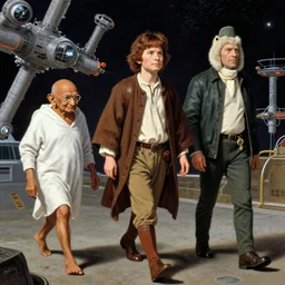 frodo, gandhi and spock are catwalking aboard the space station in 2 0 0 1 : a space odyssey ( 1 9 6 8 ), pieter brueghel style, colourfull photo, 4 k
