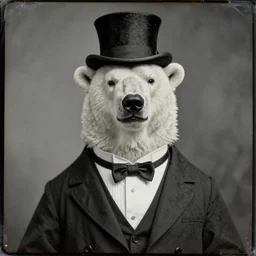 a very old and deteriorated still of a polar bear dressed with a tuxedo and a top hat, with a smirk and snobby disapproving look. extremely detailed. beautiful. 4 k. award - winning. daguerrotype
