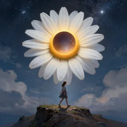 big white daisy flower face, girl walking on cliff, surreal photography, solar eclipse, milky way, dramatic light, impressionist painting, clouds, digital painting, artstation, james gilleard, liam wong, jeremy mann, simon stalenhag