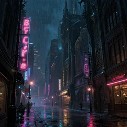 a dark side street in a blade runner looking city, neon lights, lens flare, scale, night life, heavy rain, deep focus, d & d, fantasy, intricate, elegant, highly detailed, digital painting, artstation, concept art, matte, sharp focus, illustration, art by artgerm and greg rutkowski and alphonse mucha