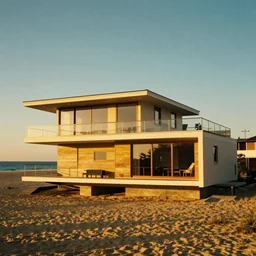 architecture ad for a mid-century modern house on the beach, one story mini house, designed by Frank Gehry. Film grain, cinematic, colorized, yellow hue