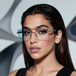 A photorealistic portrait of beautiful dua lipa wearing futuristic glasses on an abstract background, beautiful face, album cover design