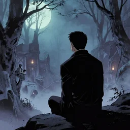 the sandman from graphic novel, looking out over his domain of the dreaming, with a sense of nostalgia and longing