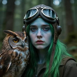 a close up portrait of a lonely young beautiful woman and her giant, brown owl, ww 2 pilot goggles, fine facial features, symmetrical, sad, blue skin, green hair, in a forrest, inspired by edward hopper and grand budapest hotel, high resolution, octane render, high detailed masterpiece