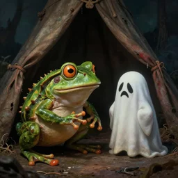 a full color still frame from a freaky kids tv show about a gross hairy frog and a sad dumb ghost, tickle fight in the death tent, horror vibe, grunge, despair