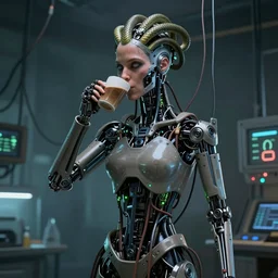 the upper torso of a terminator cyborg lady with borg implants, human face and robotic snakes coming out of her head is hanging from cables and wires off the ceiling of a lab. Her bottom half is missing with cables hanging out. She is taking a sip from a cup of coffee. Tiny green led lights in her cybernetics. very detailed 8k. Horror cyberpunk style.