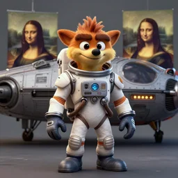 realistic Crash Bandicoot wearing a spacesuit in front of their spaceship, second coming, centered, portrait by Greg Hildebrandt, studio lighting, muted colors, by Terry Richardson, by Leonardo DaVinci, by Beeple, ultrarelistic, extreme detail, caustics, trending on Artstation, 8K, octane renderer, rtx on