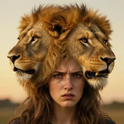 close up of brunette angry girl.girl head mutating into lion head . Art by William-Adolphe Bouguereau. During golden hour. Extremely detailed. Beautiful. 4K. Award winning.