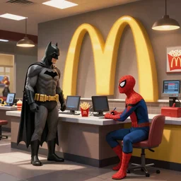 Batman and Spiderman work at the checkout with McDonald's in Disney style