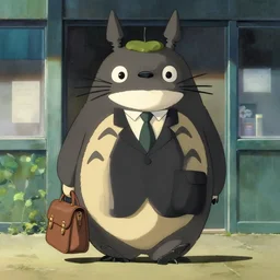 still from studio ghibli movie My Neighbor Totoro, Hayao Miyazaki,barn owl in a black suit wearing an office bag going to the office, symetrical face,digital oil painting