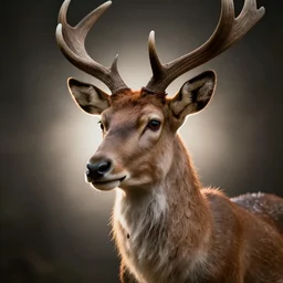 a close-up studio photography portrait of fantasy faun creature, dramatic backlighting