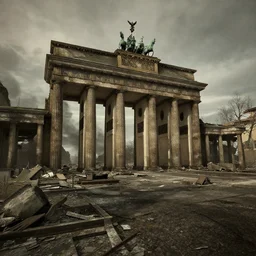 Berlin Brandenburg Tor in ruins post-nuclear war in Fallout 4, in game screenshot