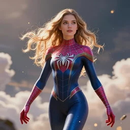 a beautiful female goddess of the spidermans character, character is in all its glory, character is in her natural relaxed pose, rim lights, particles and dust in the air, fancy clouds, highly detailed professional photo, dynamic lights, particles are flying, depth of field, trending on artstation, professional illustration, hyper realistic, vray caustics, super detailed, colorful accents, cinematic shot