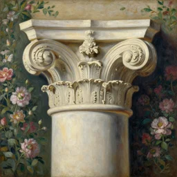 achingly beautiful painting of intricate ancient roman corinthian capital on floral background by rene magritte, monet, and turner. giovanni battista piranesi.
