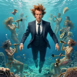 david byrne in his big suit floating in the dead sea surrounded by human spirits playing instruments underwater, hyper realistic face, in the style of greg rutkowski, illustration, epic, fantasy, intricate, hyper detailed, artstation, concept art, smooth, sharp focus, vibrant