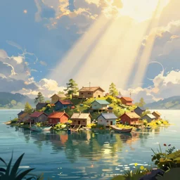 small fishing village around a lake, concept art, digital painting, style of jordan grimmer, warm lighting, futuristic, volumetric lighting, view from below, vivid colours, bright, daytime, godrays, high detail